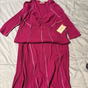 Unlabeled Fuchsia Ribbed Midi Dress with Tie Front